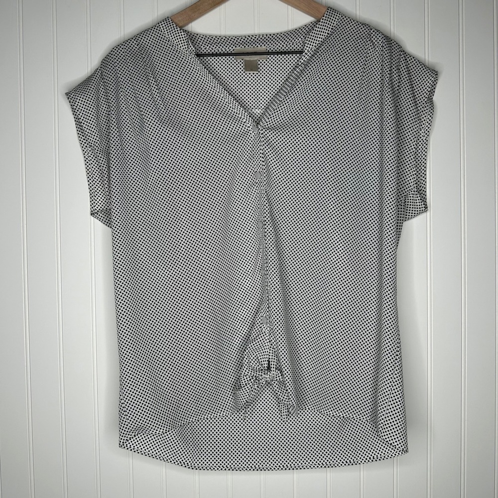 LOFT Womens Blouse Size M Black White Geometric Tie Front Button Up
